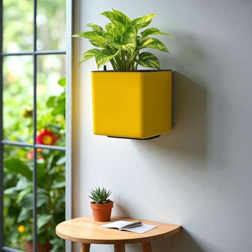 Image of Indian Discovery Self Watering Wall Hanging Planter|Hanging /Hooked Flower Pots for Home, Balcony, Vertical Garden Decor Flower Pots(1 PC, Yellow Square) |6 Inch UV-Resistant Plastic Plant Pots