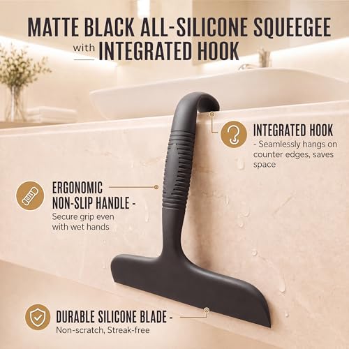Image of Shower Squeegee for Glass Doors, No-Drill Hanging Shower Door Cleaner for Glass,Silicone Bathroom Squeegee with Built-in Hook, Window, Mirror, Tile, Streak-Free Wiper, Black
