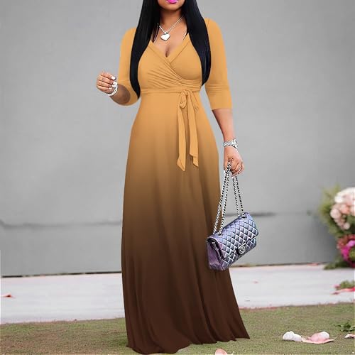 Image of PinkPatty Women's Plus Size Maxi Dresses Casual Flowy 3 /4 Sleeves Dress Printed Vacation Dress for Daily Wear with Belt