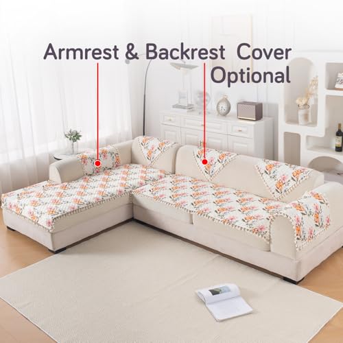Image of HOKIPO Painterly Floral L Shape (2+2 Seater) Sofa Seat Mat with Tassel| Quilted Sofa Cover Mat, 'Tassel Twigs' Series (IN-983-T8 + IN-984-T8)