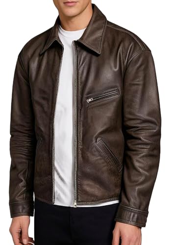 Mens Brown Shirt Collar Casual Distressed Leather Vintage Motorcycle Leather Jacket