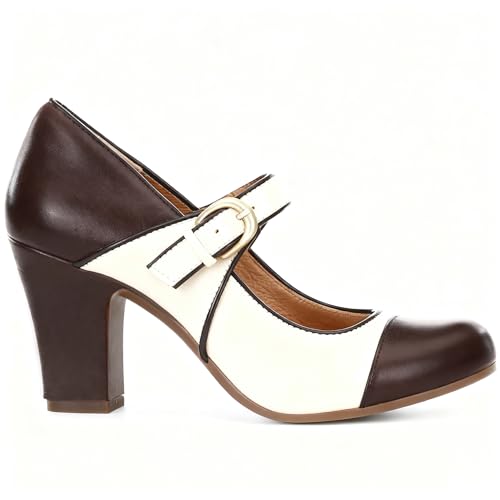 Image of SHODENSE Women Vintage Chunky High Heel Mary Jane Shoes Round Closed Toe Ankle Strap Dress Sandals 3 inch Block Heels Mary Jane Lolita Pumps Two-Toned Patchwork Buckle Office Lady Wedding Retro 4-11 M US