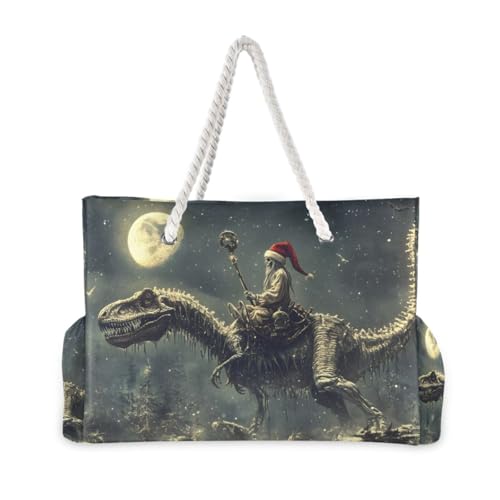Beach Bag Dinosaur Christmas Hat for Women Large Beach Tote Bag with Zipper for Travel Vacation