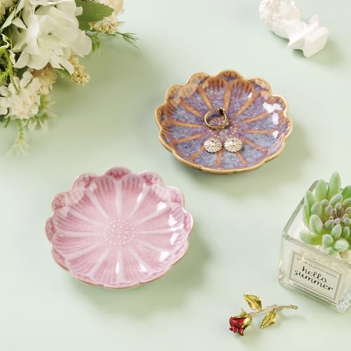 Image of Lotus Ring Holder Dish Small Indoor Ash Tray, Ceramic Dessert Plate Trinket Jewelry Holder Organizing Necklace Earrings for Parents Friends Sister, Pink. All Jewelries Are NOT Included.