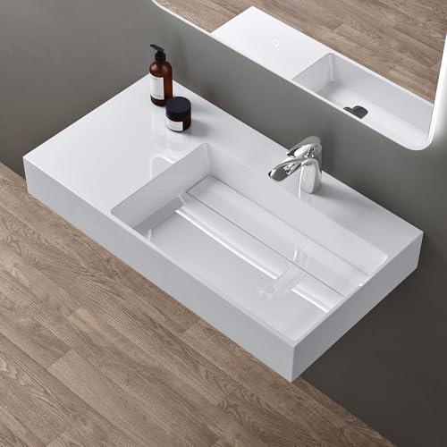 doporro Lavabo Suspendu Blanc 90cm Vasque à Poser Lave Mains Rectangulaire de Qualité pour Salle de Bain 90x48x13cm Colossum12-R