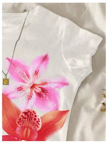 Image of RoseSeek Girl's Floral Graphic Crop Tops Tees Short Sleeve Crewneck Cute Slim Fit T Shirt Summer Tops