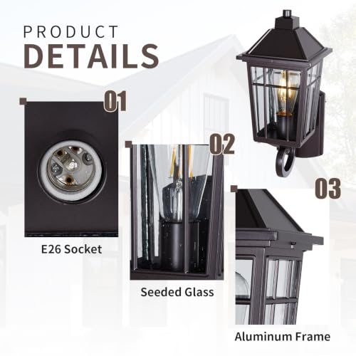Image of JYZ 15 inch Brown Outdoor Wall Light, Rust-Proof Aluminum Waterproof Wall Lantern with Seeded Glass Shade, E26 Hardwired Outside Porch Lighting Fixture for Front Door, Garage, Patio, Farmhouse