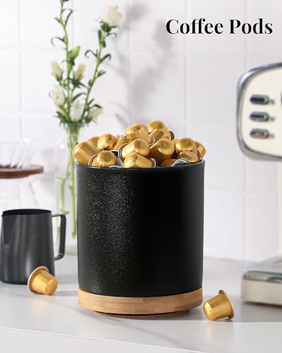Image of LoeJan 360 Rotating Ceramic Utensil Holder for Kitchen Countertop - Cooking Utensil Crock Organizer with Non-Slip Cork Base for Farmhouse Kitchen Decor, Textured Black