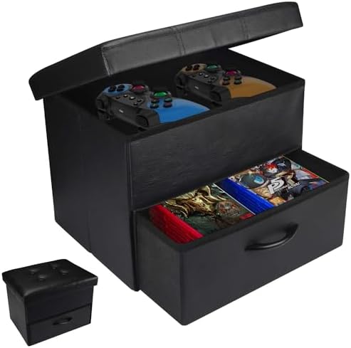 Bsketa Storage Ottoman with Drawers, Folding Foot Stool with Thicker Foam Padded Seat Small Leather Storage Ottoman Bench Foot Rest for Living Room Foldable Coffee Table 17x13x13in,Black