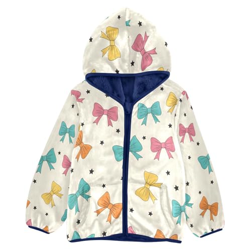 Colorful Bows on Star Background Toddler Fleece Jacket Girl Boys Hooded Fleece Jacket Coat Warm Outwear Zip-up 3-10T