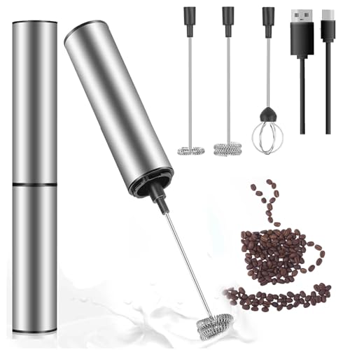 Edelstahl Elektrischer Milchaufschäumer, 3-in-1 Mini-Handmixer Elektrisch USB Wiederaufladbar, Schnellschaum, Handheld Milchschäumer Stab Für Cappuccino/Macchiato/Heiße/Schokolade/Eischnee