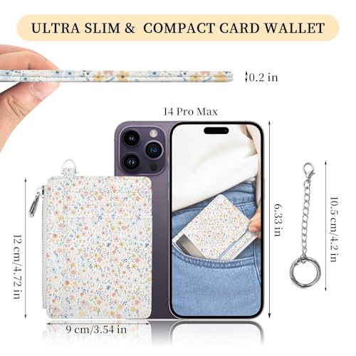 Image of Hancynir White Floral Flower Small Wallet Women Credit Card Holder, Cute Slim RFID Blocking Keychain Card Wallets, Mini Front Pocket PU Leather Travel Zipper Coin Cash Ladies Wallet Organizer Gifts