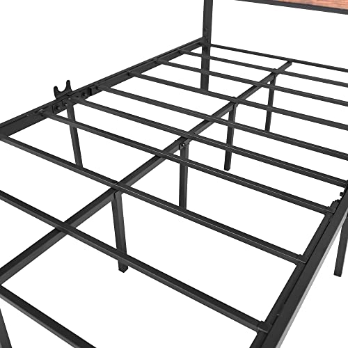 Image of BOFENG Twin Size Bed Frame with Vintage Wood Headboard Farmhouse Bed,Heavy Duty Metal Platform Single Bed Frames No Box Spring Needed,Firm Mattress Foundation Steel Slat Support Easy Assembly(Brown)