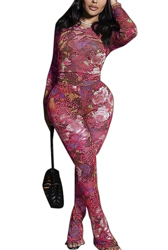 Image of acelyn Women Sexy Two Piece Outfits Mesh Printed Bodycon Flared Pants Sets Club Going Out Birthday Outfits