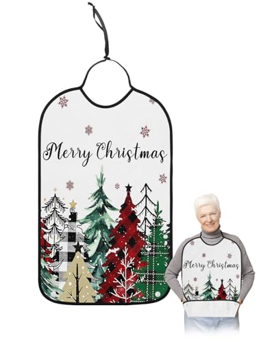 Christmas Tree Adult Bibs for Eating, Waterproof Bibs with Food Catcher & Adjustable Snap Closure, Merry Christmas Xmas Tree Winter Snowflake Clothing Protectors Adult Bibs for Elderly Women/Men