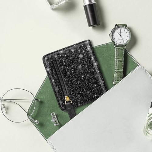 Image of Small Womens Glitter Wallet Thin Credit Card Holder Pocket | Compact Women Slim RFID Blocking Bling Wallets Bifold Ladies Mini Purse Pocket for Travel & Daily Use, Black