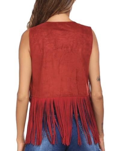 MINTLIMIT Women's Fringe Vest Sleeveless Tassel Jacket Faux Suede Rivets Western Cowgirl Waistcoat 70s Hippie Outfit3