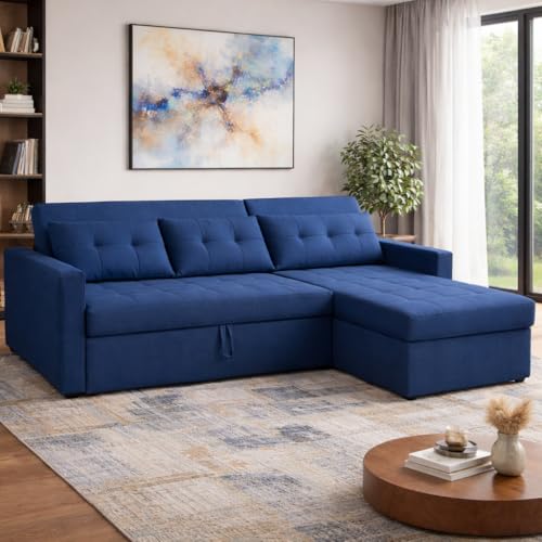 Image of Emilio 4 Seater RHS L - Shape Pull-Out Sofa Cum Bed Sofa for Living Room (Blue Fabric Color) Premium Fabric Sofa Set for Living Room Sofa Cum Bed