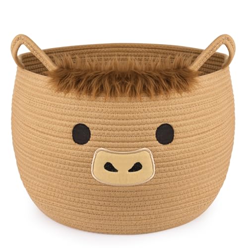 Image of Highland Cute Cow Basket for Nursery, Large Blanket Gift Basket | Woven Rop Cotton Storage, Baby Laundry 0rganizer with Ears Handles, Towels Toy Clothes Gifts Storage Cat Dog Bin,13 inchDx11.5 inchH