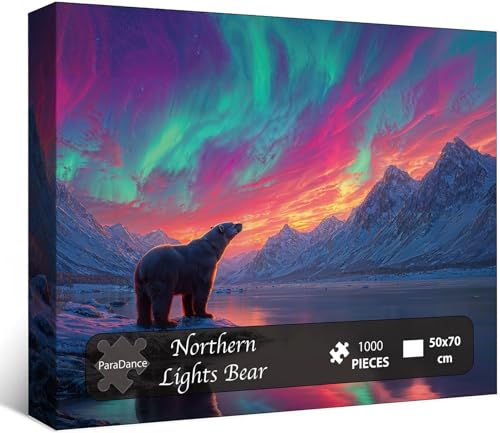 Rompecabezas para Adultos de 1000 Piezas: Oso bajo las Luces del Norte, Difícil e Imposible, Sin Polvo, con Letras en el Reverso y Poster a Escala 1:1, Juego Familiar, Decoración para el Hogar y Regalo (27,6" x 19,7") miniatura 1