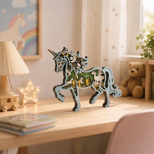 Image of 3D Wooden Unicorn Decor - Multi-Layer Carved Enchanted Forest & Castle Animal Figurine, Fantasy Room Decor & Nursery Wall Art, Unique Mythical Creature Gifts for Girls, Kids and Women