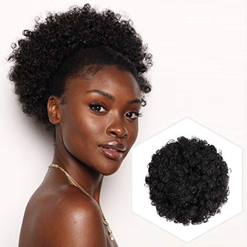 Akkya Synthetic Afro Puff Drawstring Bun Ponytail for Black Women Short Kinky Curly Hair Bun Extension Hairpieces Updo Hair Extensions with Two Clips (L,Black)