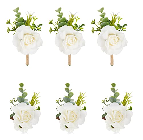 Meldel White Ivory Rose Wrist Corsage Boutonniere for Men Women Wedding