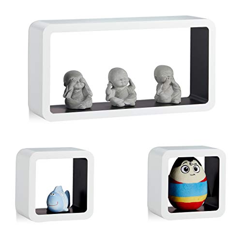 Relaxdays 10021884_362 Étagère suspendue lot de 3 support mural flottant meuble rangement bois MDF tablette, blanc noir, 10 x 21,5 x 42,5 cm 1,58 Kg