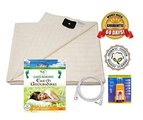 Earthing Grounding Flat Sheet (Queen Size) with Cord and Outlet Tester - Organic Cotton with 5% Silver Fiber for Grounding, Better Sleep, Earth Connection, Pain Relief, Reduced EMF- Ion Exchange