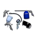 Kit de aire comprimido para que puedas adaptar tu compresor a lo que necesites hacer. Incluye 4 pistolas: de soplado, de petroleado, de pintura y de inflado, y una manguera espiral.