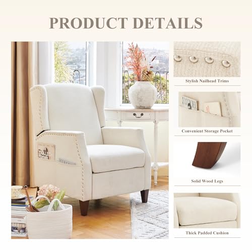 COLAMY Wingback Pushback Recliner Chair with Storage Pocket, Upholstered Fabric Living Room Chair Armchair, Single Reclining Sofa with Wood Legs and Nailhead Trim for Home/Bedroom, Beige by COLAMY - Image 6