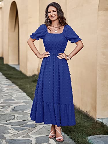 Prettygarden Women's Boho Maxi Dress Puff Short Sleeve Square Neck Swiss Dot Smocked Waist Ruffle Hem Tiered Long Dresses(Royal Blue,Medium) #TOP1