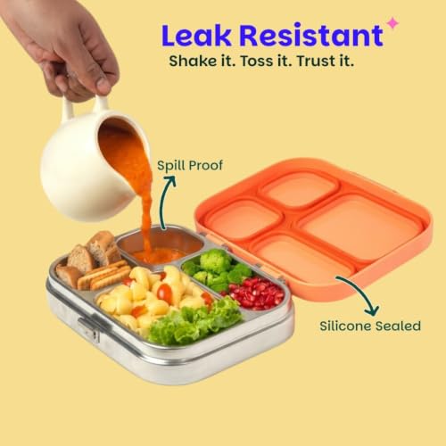Image of Basil Bento Box Quad - 4 Compartment Stainless Steel Lunch Box with BPA-Free Plastic Lid | 800 ml Leak-Proof Tiffin Box for Kids & Adults | Premium School, Office, and Picnic Lunch Box - Coral Swirl