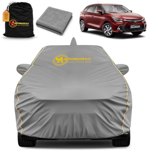 Image of Toyota Glanza 100% Waterproof Car Cover for All Weather Protection with Mirror & Antena Pocket Inner Cotton Triple Stitched Cover with Adjustable Belt Bottom Elastic to Secure Fit -Grey