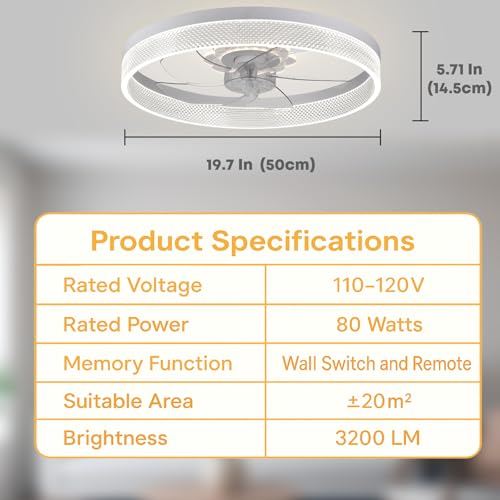 Foto de Ventilador de techo de 20 pulgadas con luz, ventilador de perfil bajo mejorado, ventilador de techo de montaje empotrado, 6 velocidades, LED regulable, aplicación y control remoto, motor de CC (imagen 7)