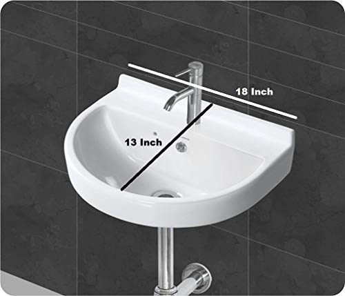 Image of Wash Basin Wall Hung Mounted Glossy Finish White Sink for Bathroom (18 x 13 x 7 Inch)