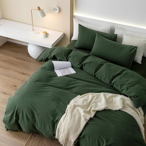 JIYUAN 100% Washed Cotton Duvet Cover Set 3 Pieces Alaska King, 1 Duvet Cover 132x120 Inches(Comforter Not Included) and 2 Pillowcases,Linen Feel Bedding Set Comfy and Breathable,Forest Green