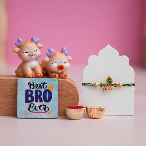 Image of eCraftIndia Rakhi for Brother with Peacock Feather Om Designer Rakhi | Best Bro Ever Deer Showpiece & Fridge Magnet Combo | Raksha Bandhan Gift for Bhai | Traditional Green Thread Rakhi