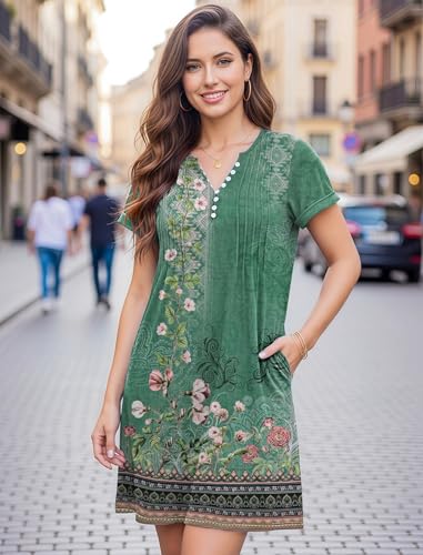 Image of Soesdemo Short Sleeve Dress for Women Bohemian V Neck Button Down Pleated Casual Flower Womens Dresses with Pockets