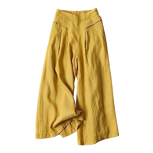 Generisch Pantalones palazzo para mujer, de lino, informales, cintura alta, pierna ancha, pantalones culotte fluidos, con cordón, pantalones de yoga, pantalones de chándal para mujer, amarillo, XXL