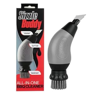 Sizzle Buddy BBQ Brush with Scraper – Stainless Steel BBQ Cleaning Brush – Safe, Durable, Heatproof Bristles – Easily Removes Grease & Food – No Scratch Cleaning Accessory