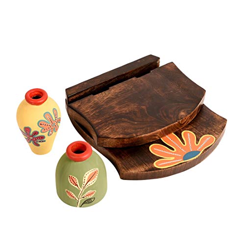 Image of AAKRITI ART CREATIONS Wooden Wall Decor Shelf with 2 Pots Floral Art | Handcrafted Wooden Hanging Shelf with Terracotta Vases | Matte Finish Decorative Wall Art for Living Room, Entryway & Gifting