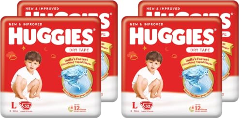 Image of Huggies Dry Tape | Adjustable Tape Style Diapers, Large (L) Size (9-14 Kgs), Combo Pack of 208 | Up To 2X Faster Absorption, Up To 12 Hours Overnight Absorption