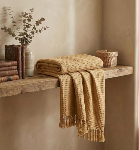 Image of 100% Cotton Waffle Weave Sofa Throw Blanket 50x60 Inches or 125x150 cms Lightweight, Soft & Breathable Couch, Bed or Chair Throw Blanket for Living or Bedroom, Dark Beige