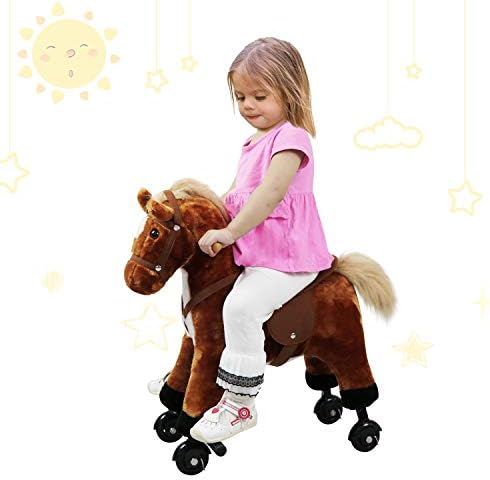 SUNVIVI OUTDOOR Rocking Horse Ride On Toy Plush Pony Walking Rider Rolling Horse with Wheel/Sound, Brown, for Christmas