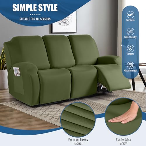 Image of TAOCOCO Recliner Couch Covers 3 Pieces, Stretch Sofa Covers for 3 Seat Reclining Couch, Polyester Fabric Recliner Covers Soft Washable Furniture Protector with Pockets (3 Seat, Olive Green)