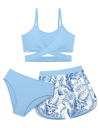 Image of Girls Swimsuit 3 Piece Bathing Suit Criss Cross Bikini Set Girls' Swimwear with Shorts 7-16T