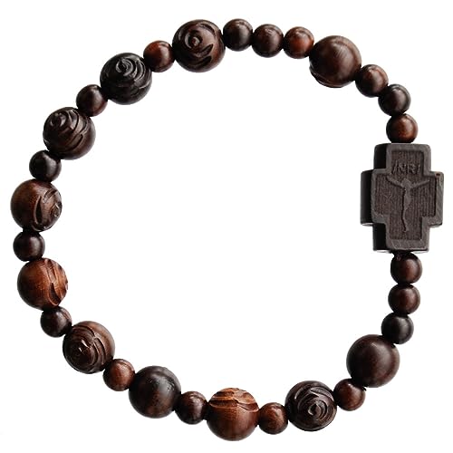 Sine Cera Rose Cut Jujube Wood 1 Decade Catholic Rosary Bracelet, Durable Stretch Design, Double-Sided Laser Engraved Centerpiece, Smooth 8mm Beads