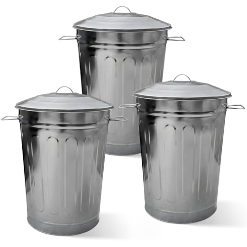 Image of Plexon 13 Gallon Outdoor Metal Trash Can with Lid Vintage Trash Can Steel Retro Garbage Can for Patio Farmhouse Rustic Bird Seed Storage Pet Food Ash Bucket, Galvanized Steel 3 Pack