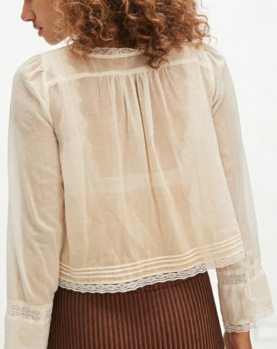 Image of Women Summer Sheer Tie Front Top Y2k Peplum Chiffon Blouse Eyelet Long Sleeve Flowy Lace Beach Cover Up Boho Tops